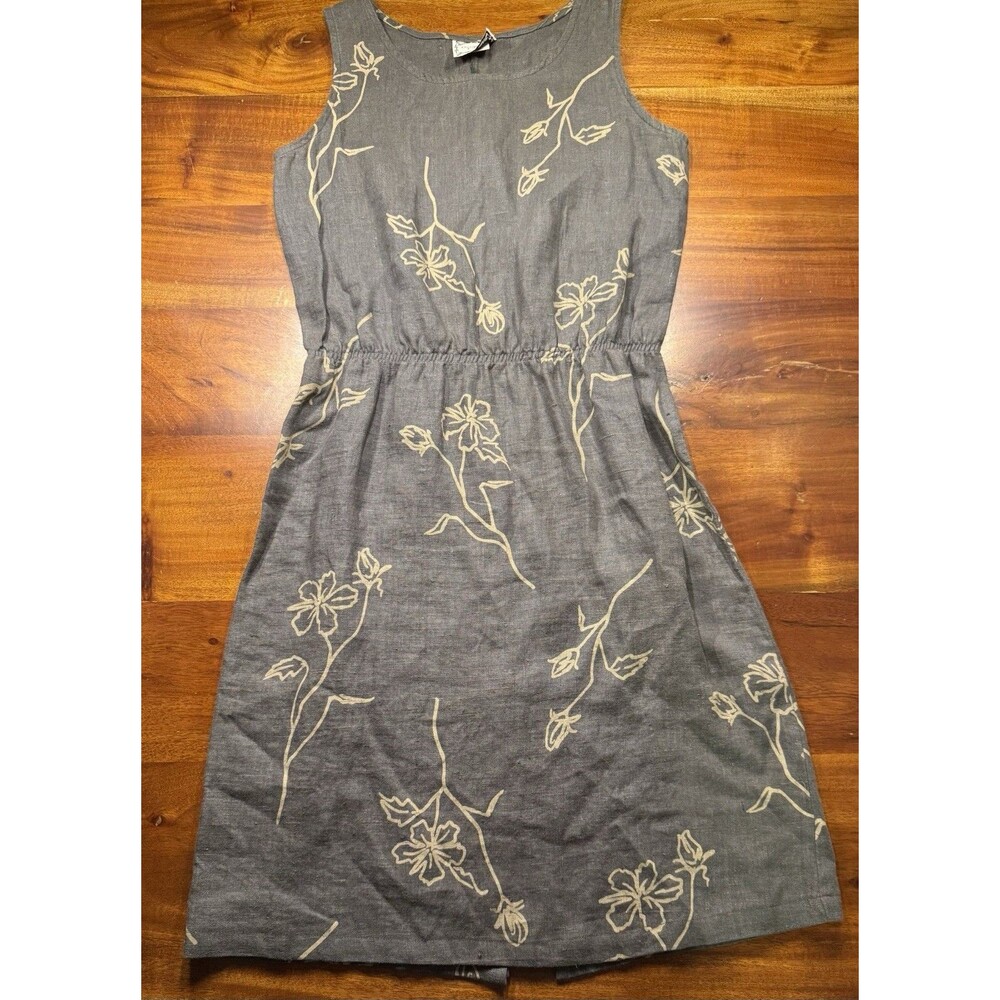 Vintage Dressing Clio Linen Floral Dress Size Medium Gray Sleeveless Shift Midi